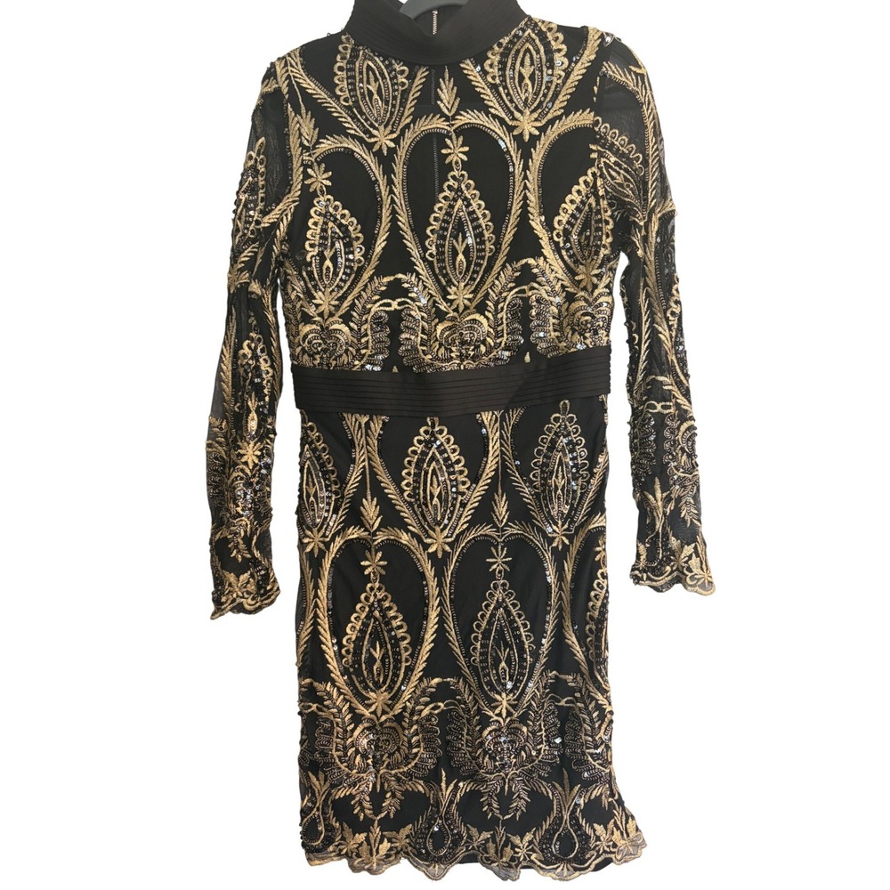 Fashion Nova Midi Dress Large Black Gold Sequin Formal Sexy Sheer Embroidered